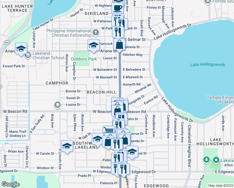 map of restaurants, bars, coffee shops, grocery stores, and more near 1915 Florida Avenue South in Lakeland