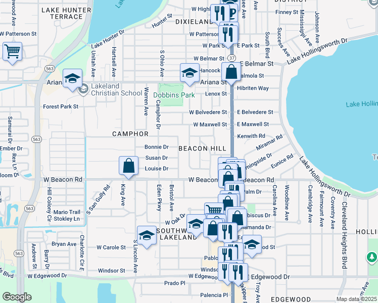 map of restaurants, bars, coffee shops, grocery stores, and more near Cherokee Trail in Lakeland