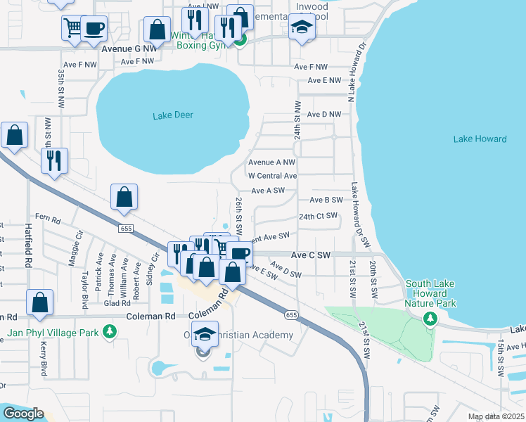 map of restaurants, bars, coffee shops, grocery stores, and more near 2450 Bates Avenue Southwest in Winter Haven