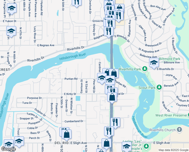 map of restaurants, bars, coffee shops, grocery stores, and more near 7820 Pine Hill Drive in Tampa