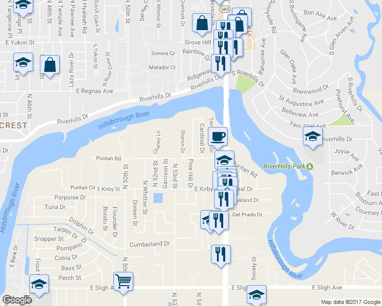 map of restaurants, bars, coffee shops, grocery stores, and more near 7820 Pine Hill Drive in Tampa