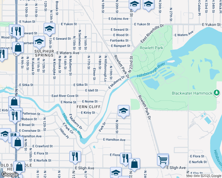 map of restaurants, bars, coffee shops, grocery stores, and more near 2003 East Mulberry Drive in Tampa