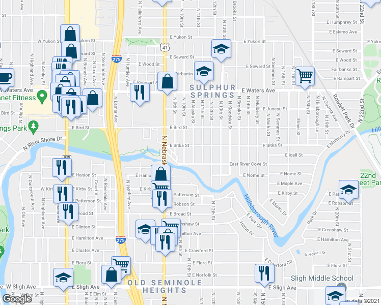 map of restaurants, bars, coffee shops, grocery stores, and more near 912 East River Cove Street in Tampa