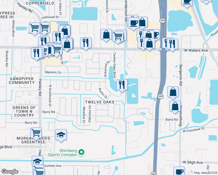 map of restaurants, bars, coffee shops, grocery stores, and more near 6804 Twelve Oaks Boulevard in Tampa