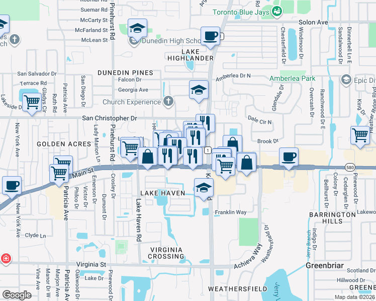 map of restaurants, bars, coffee shops, grocery stores, and more near 1311 Powderpuff Drive in Dunedin