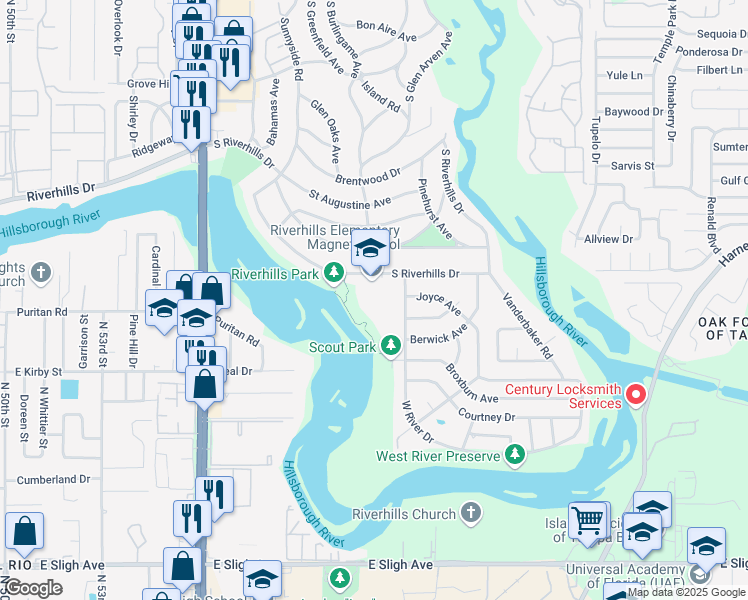 map of restaurants, bars, coffee shops, grocery stores, and more near 405 South Riverhills Drive in Tampa