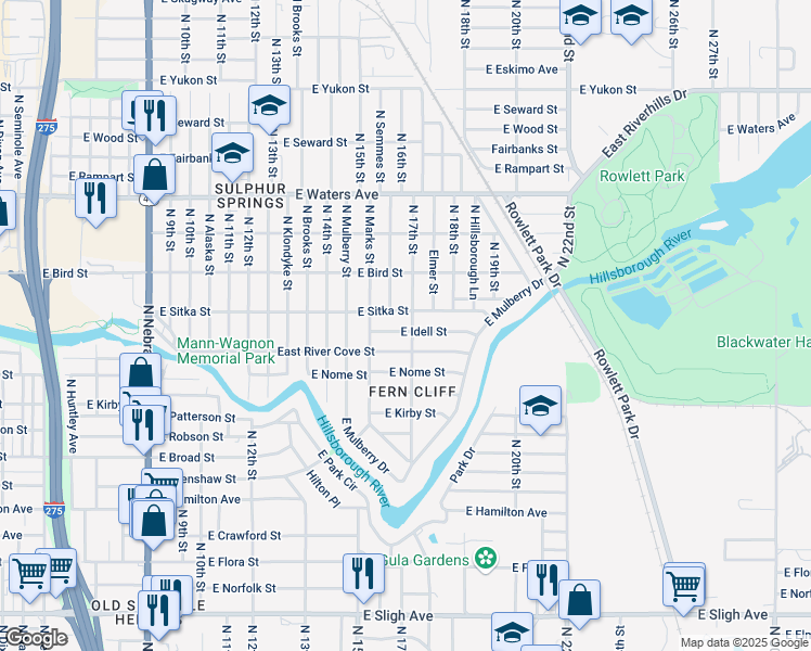 map of restaurants, bars, coffee shops, grocery stores, and more near 1614 East River Cove Street in Tampa