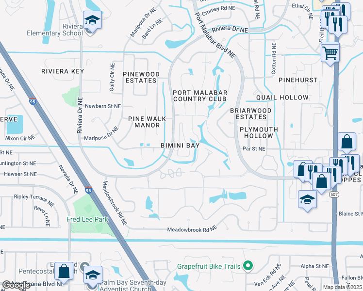 map of restaurants, bars, coffee shops, grocery stores, and more near 1177 Eleuthera Drive Northeast in Palm Bay