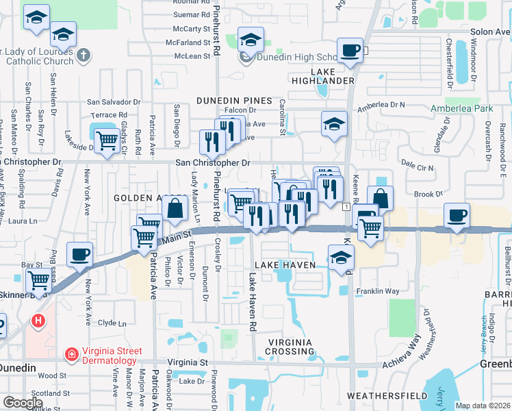 map of restaurants, bars, coffee shops, grocery stores, and more near 1355 Sage Drive in Dunedin