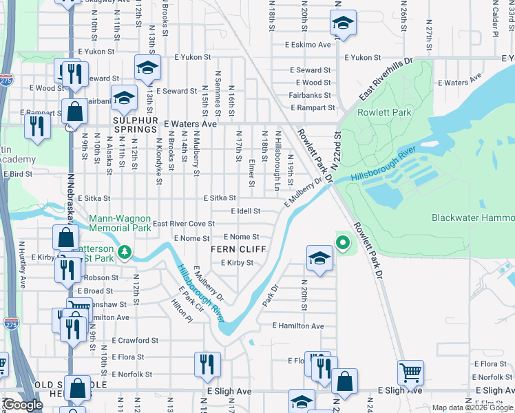 map of restaurants, bars, coffee shops, grocery stores, and more near 1716 East Idell Street in Tampa