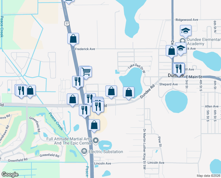 map of restaurants, bars, coffee shops, grocery stores, and more near 601 Citrus Avenue in Dundee