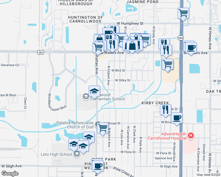 map of restaurants, bars, coffee shops, grocery stores, and more near 8001 North Hubert Avenue in Tampa