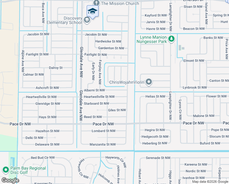 map of restaurants, bars, coffee shops, grocery stores, and more near 1448 Alberni Street Northwest in Palm Bay