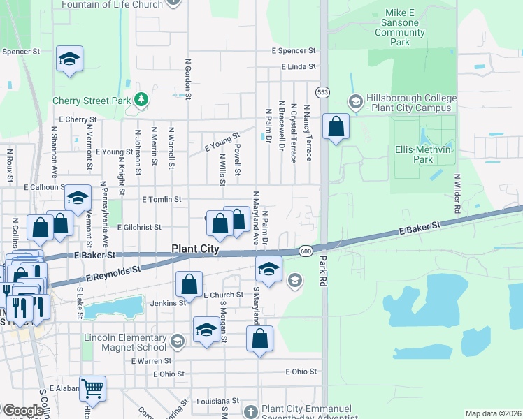 map of restaurants, bars, coffee shops, grocery stores, and more near 707 North Palm Drive in Plant City