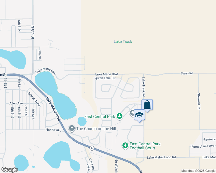 map of restaurants, bars, coffee shops, grocery stores, and more near 1612 Swan Lake Circle in Dundee
