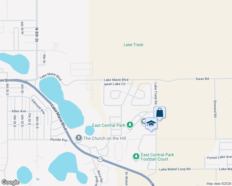 map of restaurants, bars, coffee shops, grocery stores, and more near 1612 Swan Lake Circle in Dundee