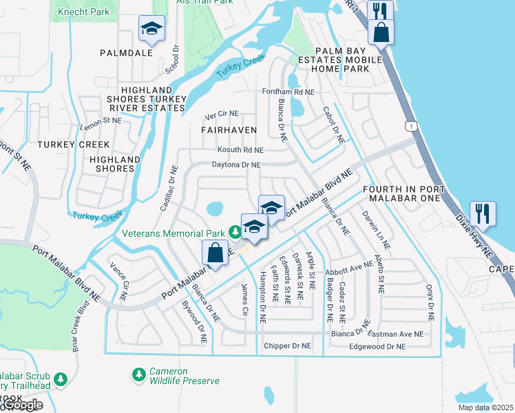 map of restaurants, bars, coffee shops, grocery stores, and more near 949 Jersey Lane Northeast in Palm Bay