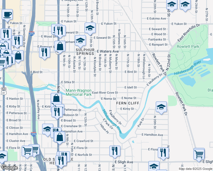 map of restaurants, bars, coffee shops, grocery stores, and more near 8013 North 14th Street in Tampa