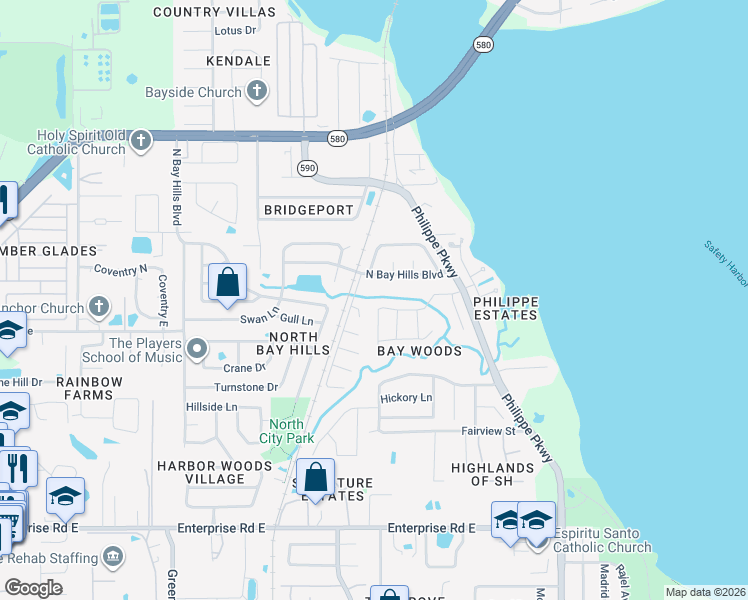 map of restaurants, bars, coffee shops, grocery stores, and more near 129 North Bay Hills Boulevard in Safety Harbor