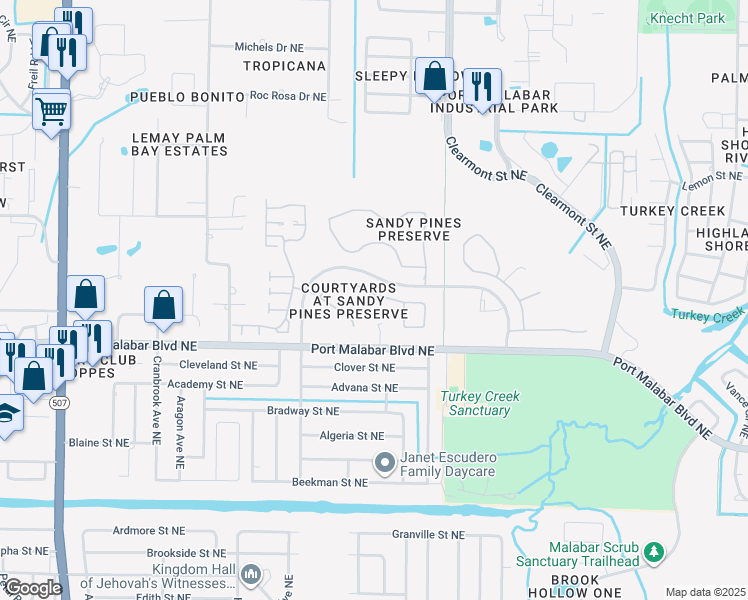map of restaurants, bars, coffee shops, grocery stores, and more near 2080 Redwood Circle in Palm Bay