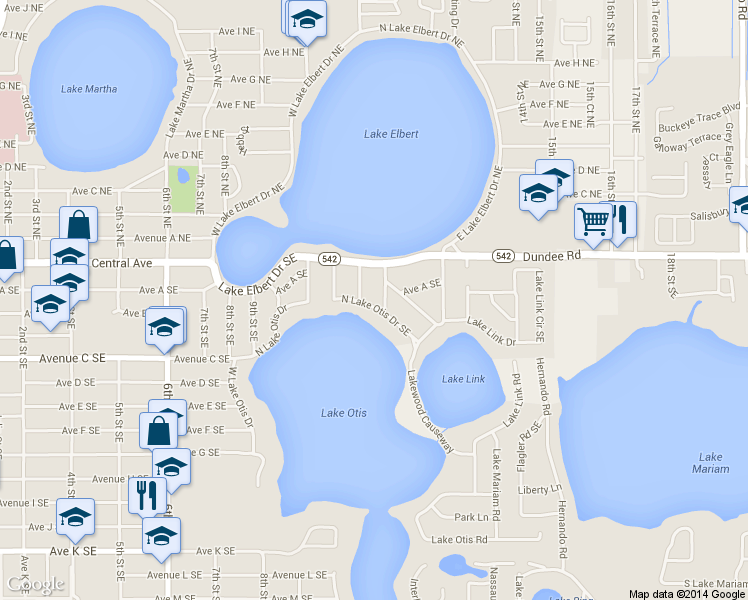 map of restaurants, bars, coffee shops, grocery stores, and more near 1225 North Lake Otis Drive Southeast in Winter Haven