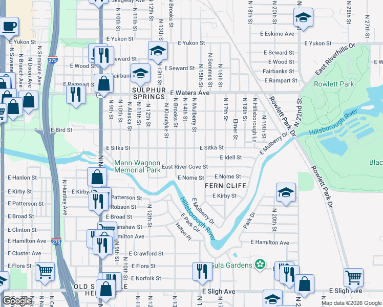 map of restaurants, bars, coffee shops, grocery stores, and more near 1504 East Sitka Street in Tampa