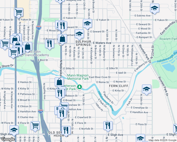 map of restaurants, bars, coffee shops, grocery stores, and more near 8104 North Klondyke Street in Tampa