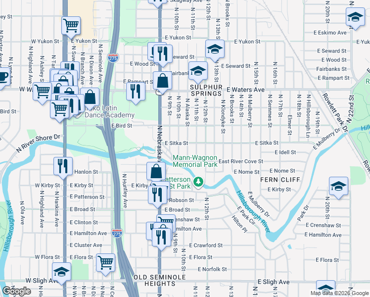 map of restaurants, bars, coffee shops, grocery stores, and more near 8104 North Alaska Street in Tampa
