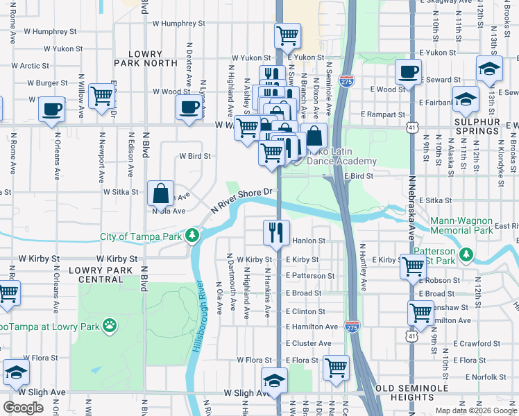 map of restaurants, bars, coffee shops, grocery stores, and more near 109 West Stanley Street in Tampa