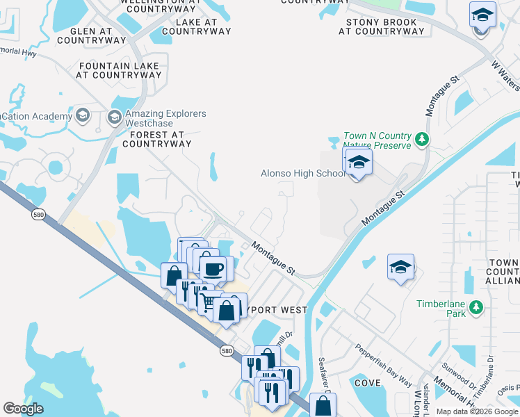 map of restaurants, bars, coffee shops, grocery stores, and more near 8122 Champions Forest Way in Tampa