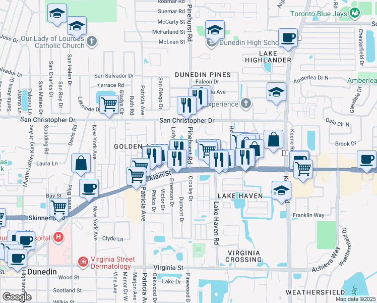 map of restaurants, bars, coffee shops, grocery stores, and more near 1153 Pinehurst Road in Dunedin