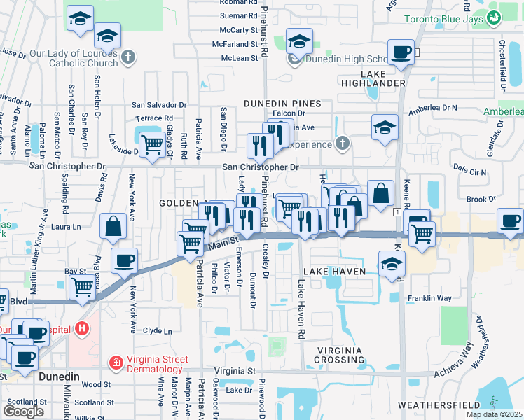 map of restaurants, bars, coffee shops, grocery stores, and more near 1153 Pinehurst Road in Dunedin