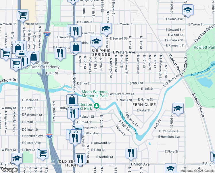 map of restaurants, bars, coffee shops, grocery stores, and more near 8104 North Klondyke Street in Tampa