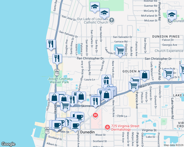 map of restaurants, bars, coffee shops, grocery stores, and more near 616 Melissa Road in Dunedin