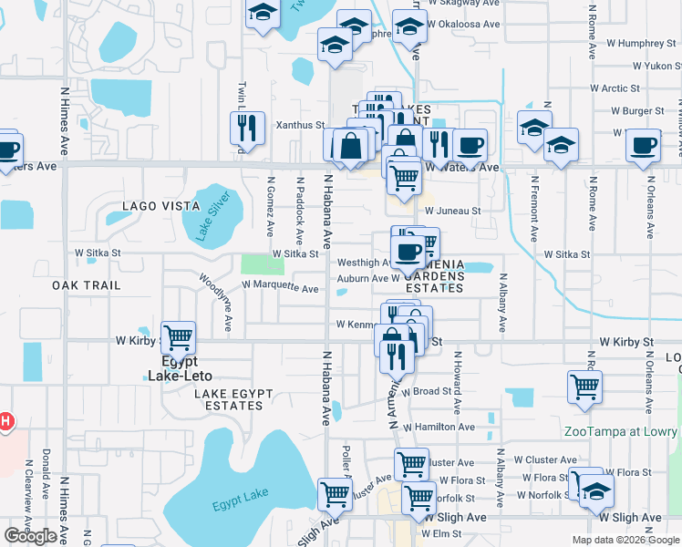 map of restaurants, bars, coffee shops, grocery stores, and more near 2705 Westhigh Avenue in Tampa
