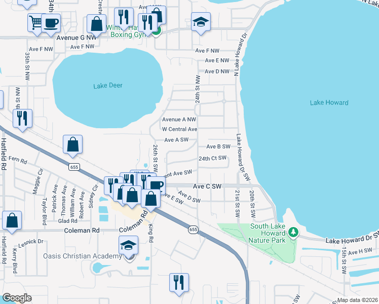 map of restaurants, bars, coffee shops, grocery stores, and more near 2445 Avenue A Southwest in Winter Haven