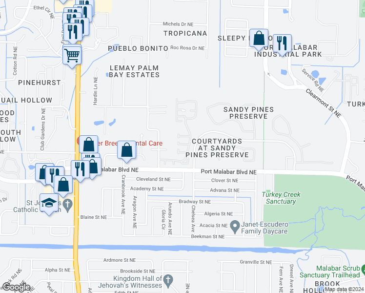 map of restaurants, bars, coffee shops, grocery stores, and more near 1960 Elderberry Court Northeast in Palm Bay