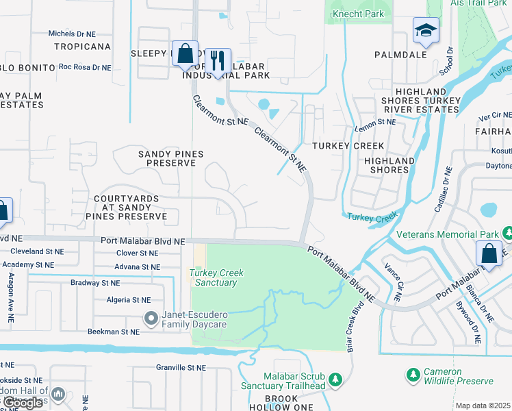 map of restaurants, bars, coffee shops, grocery stores, and more near 2346 White Sands Court Northeast in Palm Bay