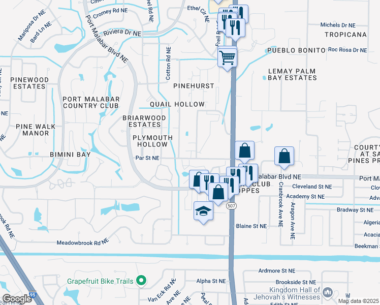 map of restaurants, bars, coffee shops, grocery stores, and more near 1616 Sunny Brook Lane in Palm Bay