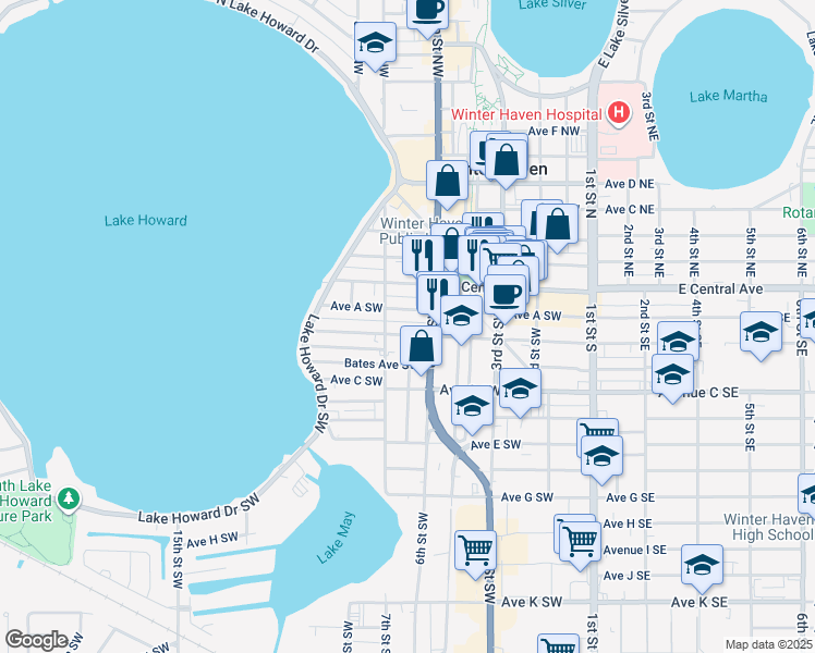 map of restaurants, bars, coffee shops, grocery stores, and more near in Winter Haven