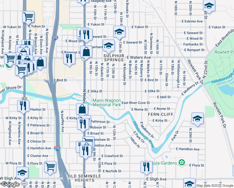 map of restaurants, bars, coffee shops, grocery stores, and more near 8104 North 12th Street in Tampa