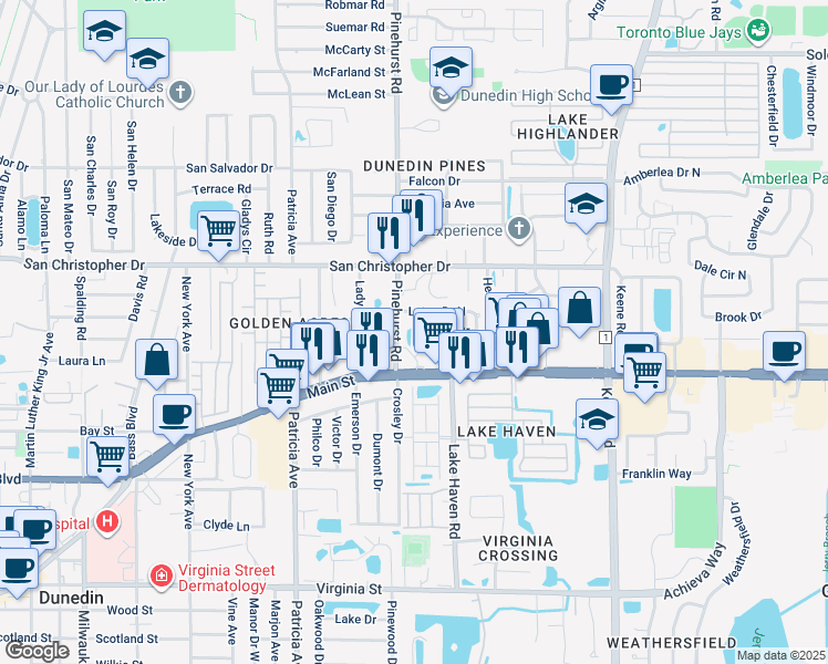 map of restaurants, bars, coffee shops, grocery stores, and more near 1153 Pinehurst Road in Dunedin