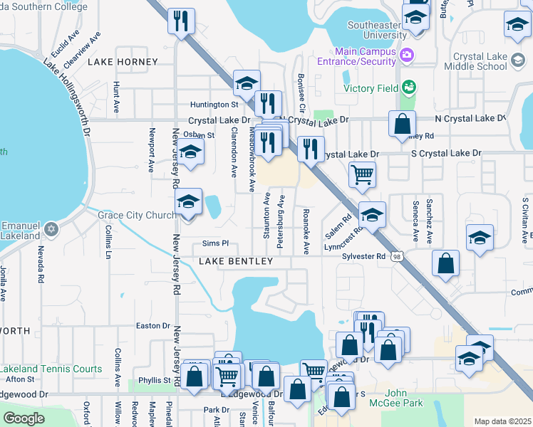 map of restaurants, bars, coffee shops, grocery stores, and more near Staunton Avenue in Lakeland