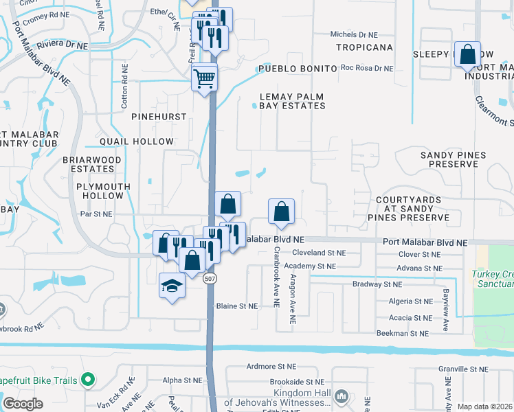 map of restaurants, bars, coffee shops, grocery stores, and more near 1802 Hardin Lane Northeast in Palm Bay