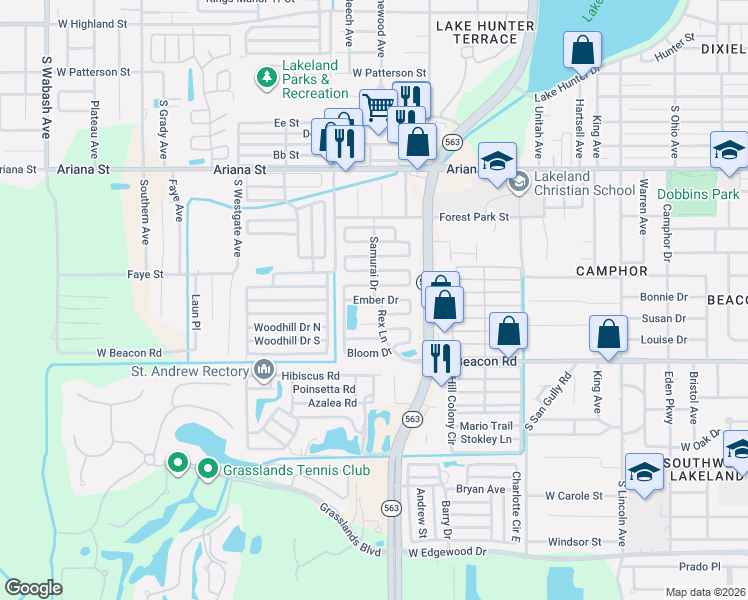 map of restaurants, bars, coffee shops, grocery stores, and more near 246 Samurai Drive in Lakeland