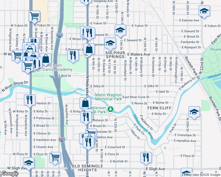 map of restaurants, bars, coffee shops, grocery stores, and more near 8015 North 11th Street in Tampa
