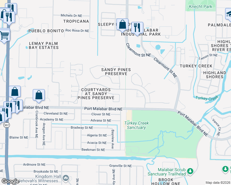 map of restaurants, bars, coffee shops, grocery stores, and more near 2104 Spring Creek Circle in Palm Bay