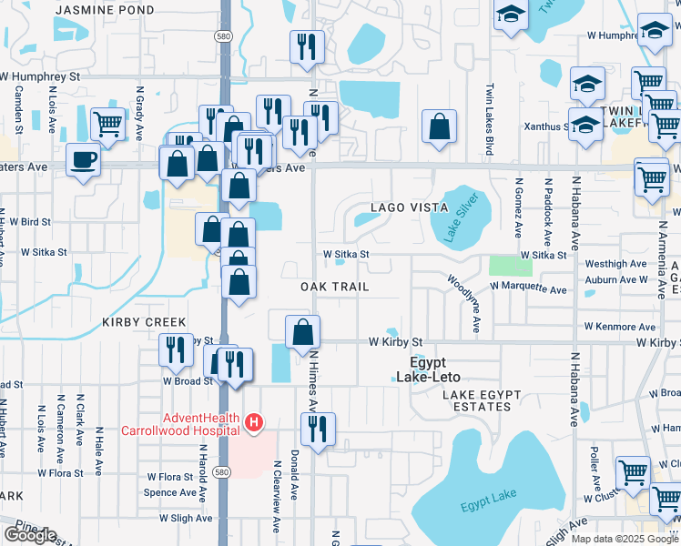 map of restaurants, bars, coffee shops, grocery stores, and more near 3430 Hunters Run Lane in Tampa