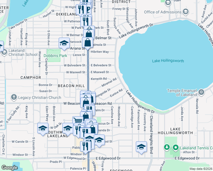 map of restaurants, bars, coffee shops, grocery stores, and more near 317 Miramar Road in Lakeland