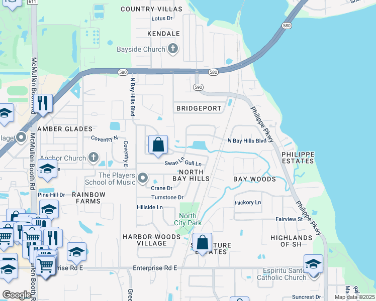 map of restaurants, bars, coffee shops, grocery stores, and more near 2140 North Bay Hills Boulevard in Safety Harbor